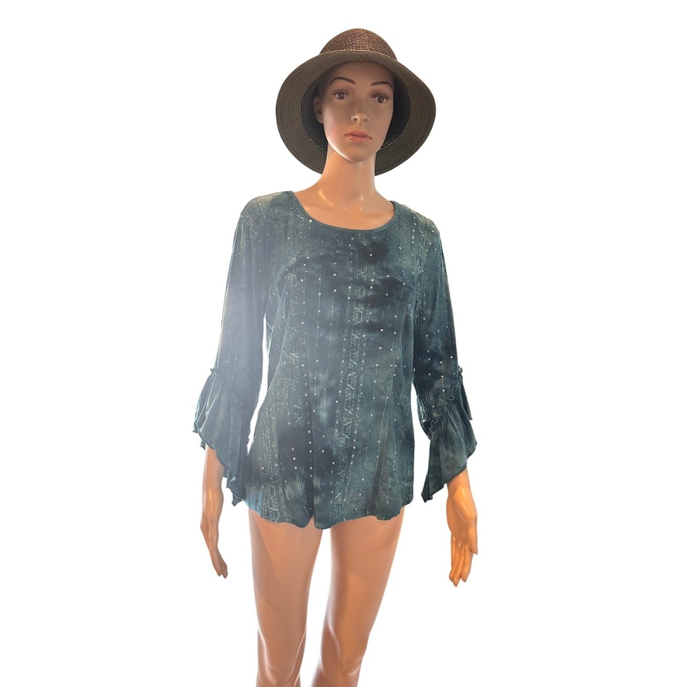 Sami & Jo Teal Blue Tie Dye Sequin Ruffle Sleeve Blouse Top Womens Medium